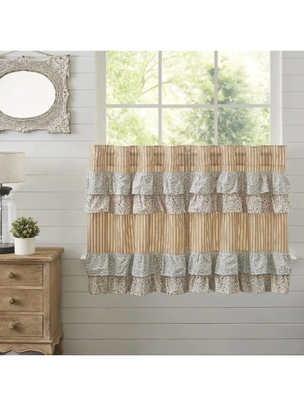 Chic Country Cottage Ruffled Gold Ticking Stripe Curtain Tier Set 36
